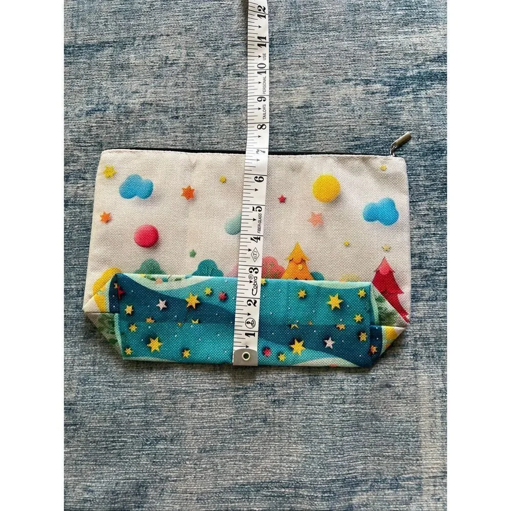 Colorful Trees Clouds Stars Cotton Canvas Small Makeup Bag Travel Toiletry Pouch